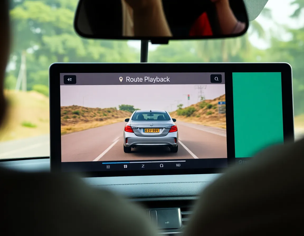 A screen showing a route playback feature, with a vehicle's path traced on a map and a timeline of events.