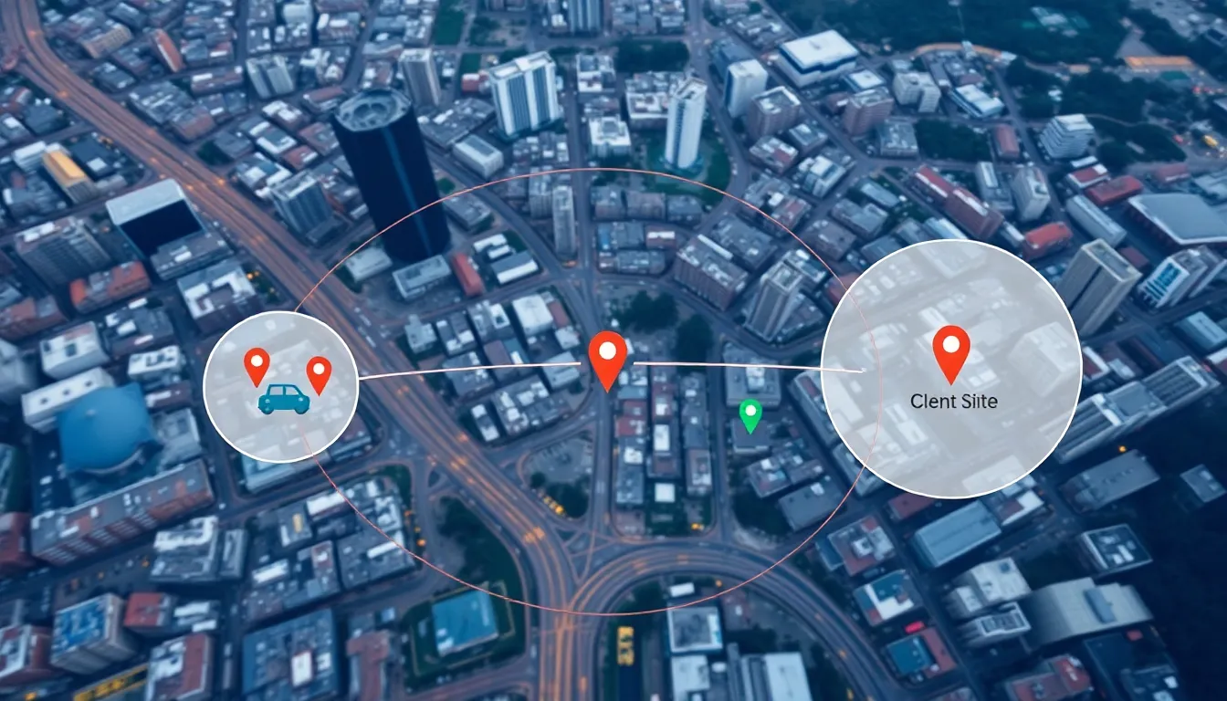 An illustration showing a map with circular and polygonal geofences drawn around key locations like warehouses and client sites.