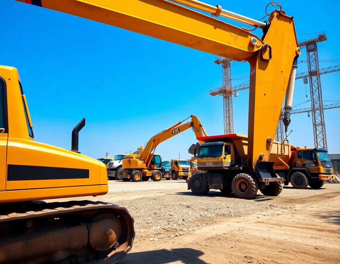 Heavy construction machinery like excavators and dump trucks at a construction site.