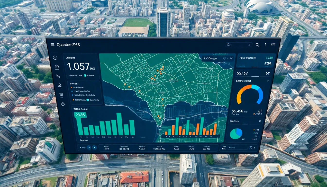 Screenshot of the QuantumFMS dashboard showing a map with vehicle locations and key performance indicators.